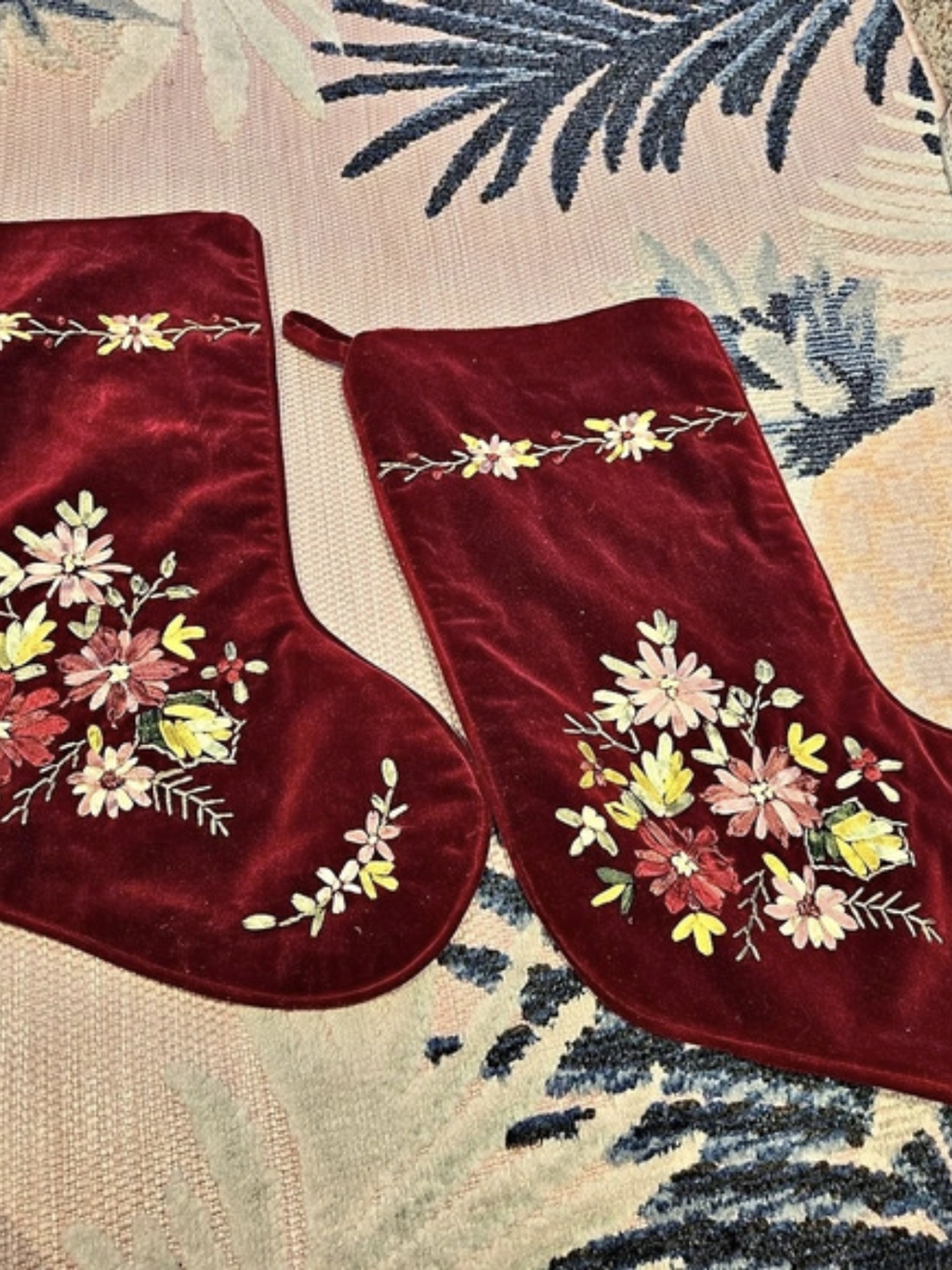Embroidered Velveteen Floral Holiday Stockings Set